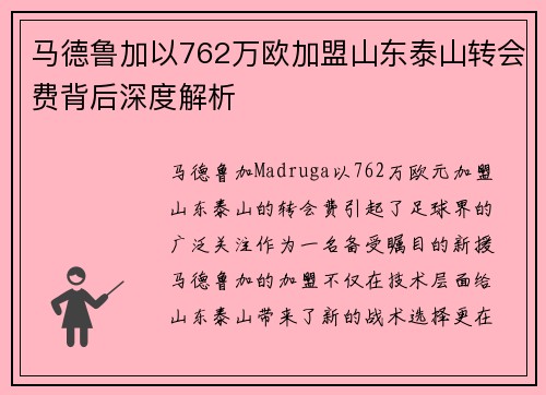 马德鲁加以762万欧加盟山东泰山转会费背后深度解析